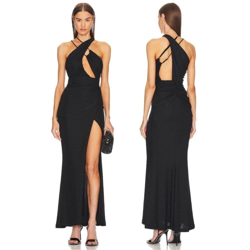 Michael Costello x REVOLVE Doris Gown Jersey Cross Neck Side Slit Black Size S
